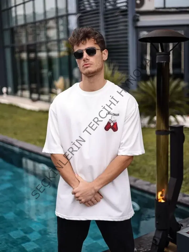 Unisex Bisiklet Yaka Baskılı Oversize T-Shirt - Beyaz