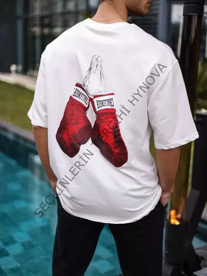 Unisex Bisiklet Yaka Baskılı Oversize T-Shirt - Beyaz