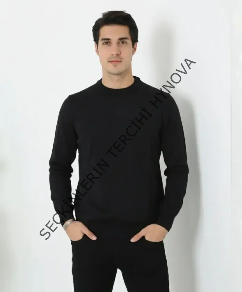 Erkek Bisiklet Yaka Triko Kazak Yumuşak Dokulu Pamuklu Ince Dokuma, Uzun Kollu Rahat Regular Kalıp - Siyah