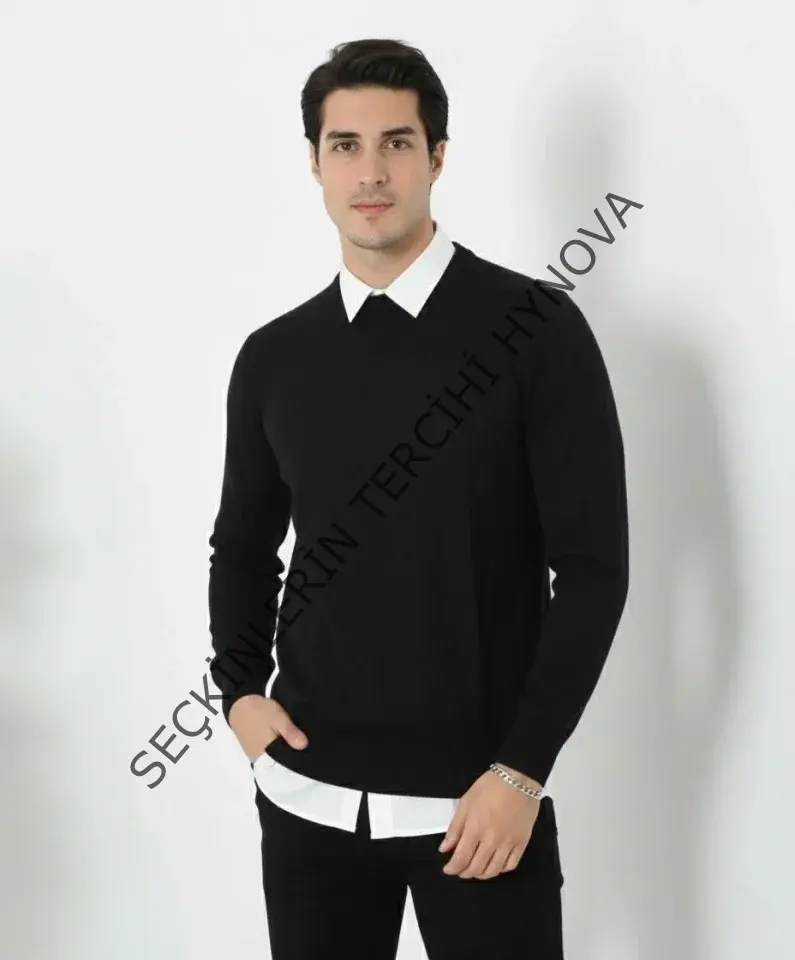 Erkek Bisiklet Yaka Triko Kazak Yumuşak Dokulu Pamuklu Ince Dokuma, Uzun Kollu Rahat Regular Kalıp - Siyah