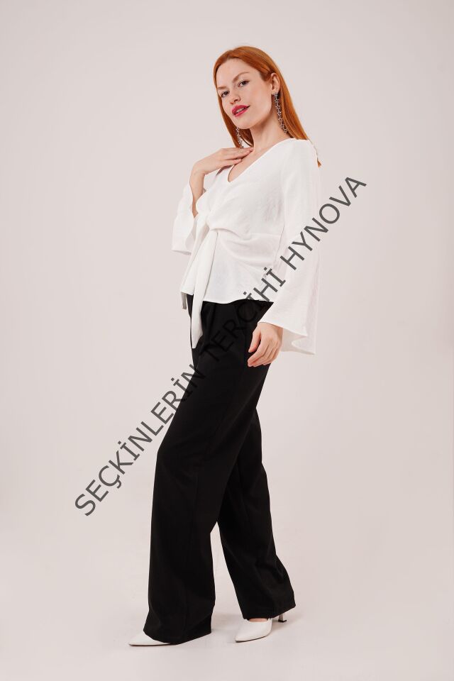 Ön Bağlamalı Volan Kol Beyaz Bluz