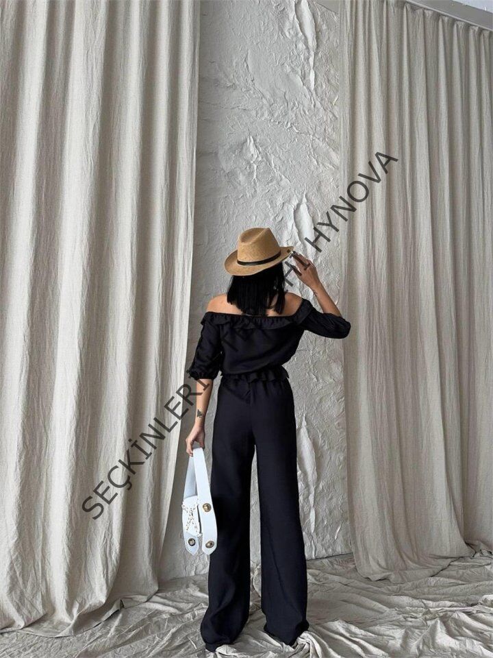KETEN MADONNA YAKA KOL HASIR ŞERİT - PANTOLON TAKIM - Siyah