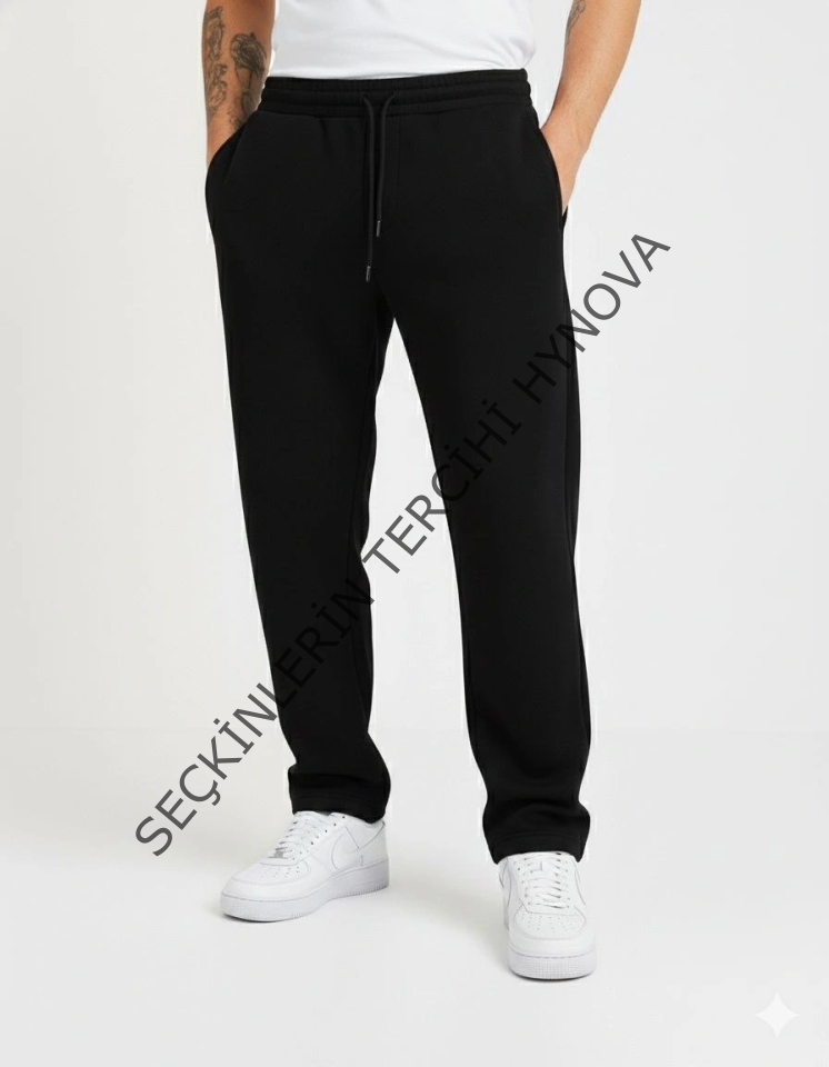 Erkek Üç Iplik Kışlık Pamuklu Ovarsize Bağcıklı Düz Paça Cepli Eşofman Altı Spor Rahat Model - Siyah