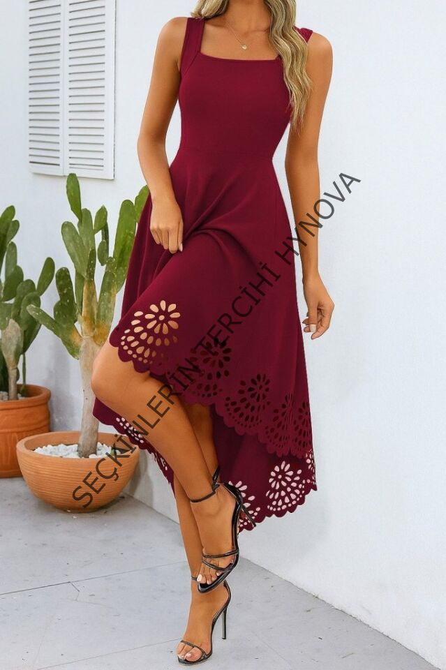 Kadın Askılı Geometrik Yaka çiçek Lazer Kesim Ithal Krep Elbise