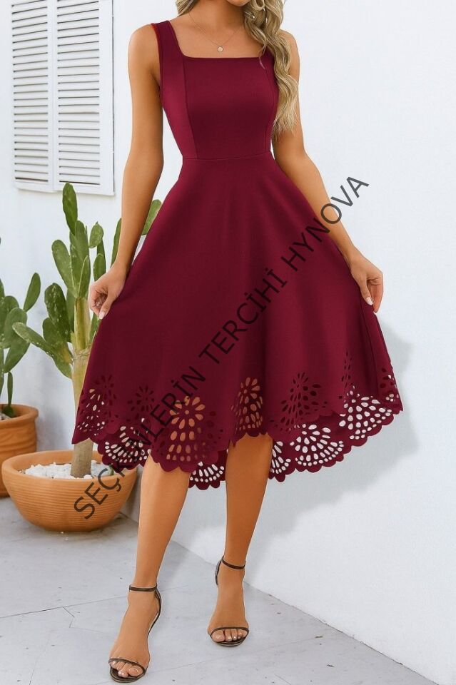 Kadın Askılı Geometrik Yaka çiçek Lazer Kesim Ithal Krep Elbise