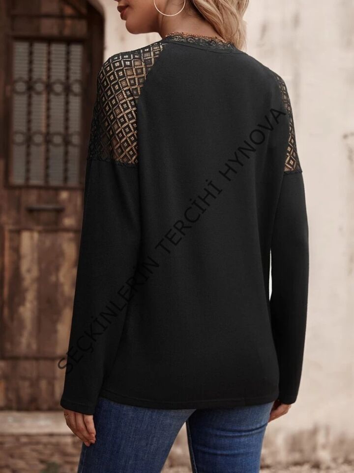 Kadın Uzun Kollu V Yakalı Dantel Detaylı Viskon Bluz