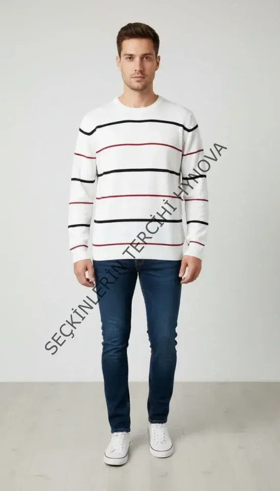 Erkek Bisiklet Yaka Cizgili Triko Kazak Yumuşak Dokulu Pamuklu Ince Dokuma, Uzun Kollu Rahat Regular Kalıp - Beyaz