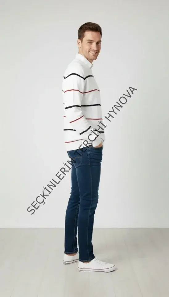 Erkek Bisiklet Yaka Cizgili Triko Kazak Yumuşak Dokulu Pamuklu Ince Dokuma, Uzun Kollu Rahat Regular Kalıp - Beyaz