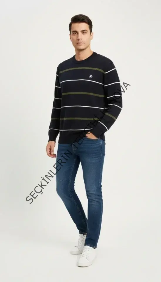 Erkek Bisiklet Yaka Cizgili Triko Kazak Yumuşak Dokulu Pamuklu Ince Dokuma, Uzun Kollu Rahat Regular Kalıp - Lacivert