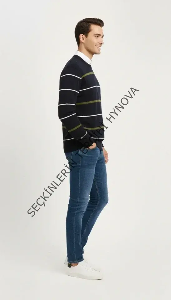 Erkek Bisiklet Yaka Cizgili Triko Kazak Yumuşak Dokulu Pamuklu Ince Dokuma, Uzun Kollu Rahat Regular Kalıp - Lacivert