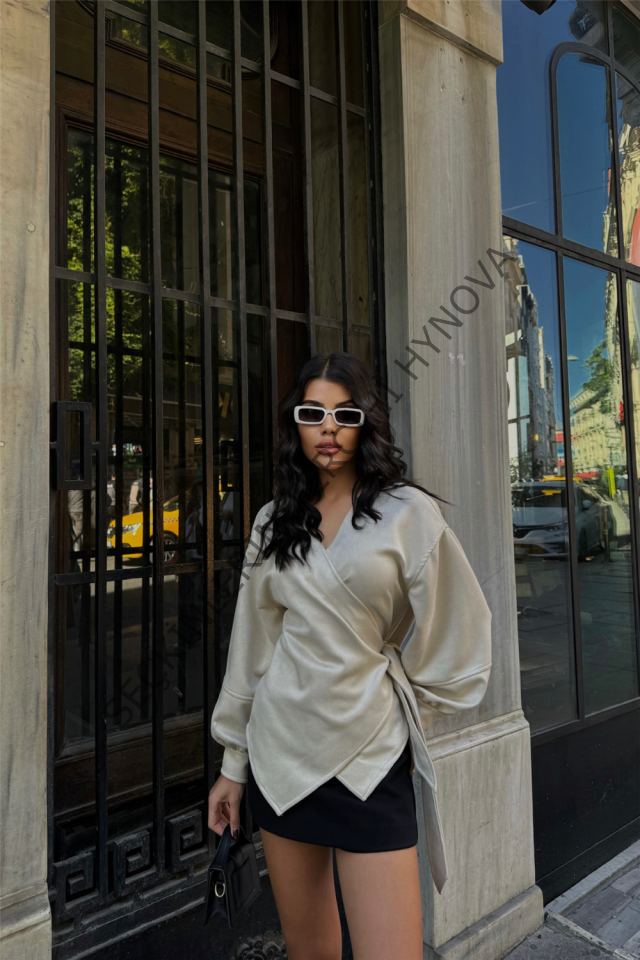 SÜET KRUVAZE BLUZ BAĞLAMA DETAYLI - Taş