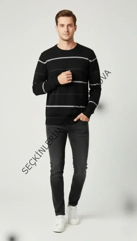 Erkek Bisiklet Yaka Cizgili Triko Kazak Yumuşak Dokulu Pamuklu Ince Dokuma, Uzun Kollu Rahat Regular Kalıp - Siyah