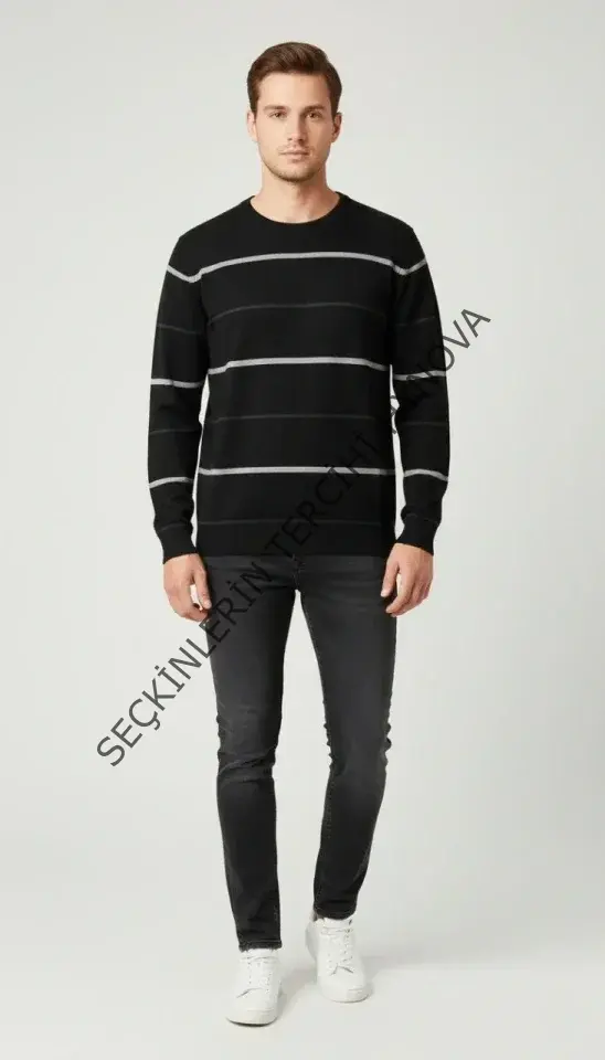 Erkek Bisiklet Yaka Cizgili Triko Kazak Yumuşak Dokulu Pamuklu Ince Dokuma, Uzun Kollu Rahat Regular Kalıp - Siyah