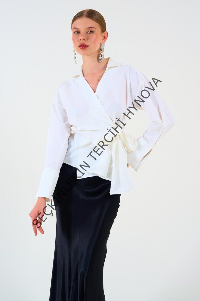 Düz Yandan Bağlamalı Gömlek - Ekru