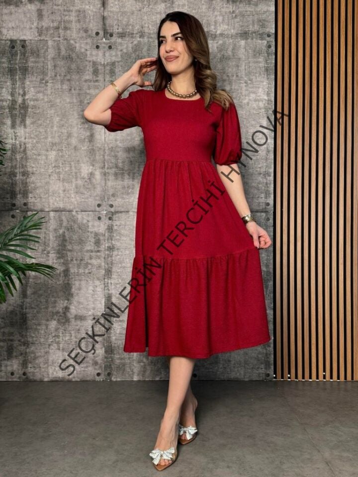 Kadın Kısa Kollu Yakası Açık Katlı Bürümcük Balon Elbise