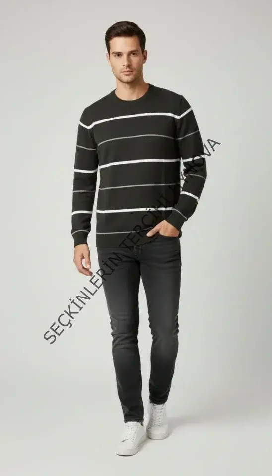 Erkek Bisiklet Yaka Cizgili Triko Kazak Yumuşak Dokulu Pamuklu Ince Dokuma, Uzun Kollu Rahat Regular Kalıp - Füme