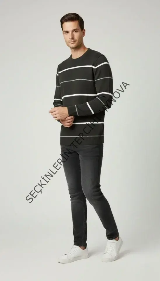 Erkek Bisiklet Yaka Cizgili Triko Kazak Yumuşak Dokulu Pamuklu Ince Dokuma, Uzun Kollu Rahat Regular Kalıp - Füme