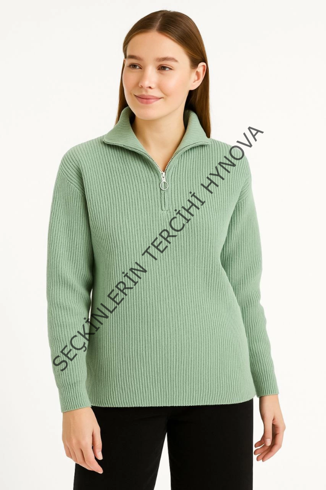 KADIN Yarım Fermuarlı Triko Kazak – Selanik Örgü, Dik Yaka, Pamuklu Dokuma, Oversize Uzun Kollu Kışlık Model - Mint Yeşili