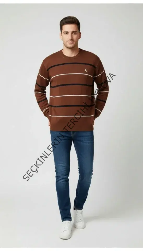 Erkek Bisiklet Yaka Cizgili Triko Kazak Yumuşak Dokulu Pamuklu Ince Dokuma, Uzun Kollu Rahat Regular Kalıp - Kahverengi