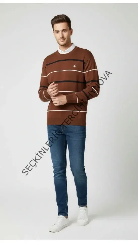 Erkek Bisiklet Yaka Cizgili Triko Kazak Yumuşak Dokulu Pamuklu Ince Dokuma, Uzun Kollu Rahat Regular Kalıp - Kahverengi