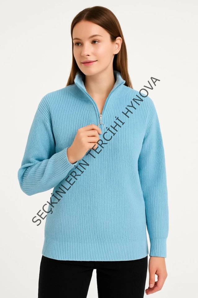 KADIN Yarım Fermuarlı Triko Kazak – Selanik Örgü, Dik Yaka, Pamuklu Dokuma, Oversize Uzun Kollu Kışlık Model - Bebe Mavisi