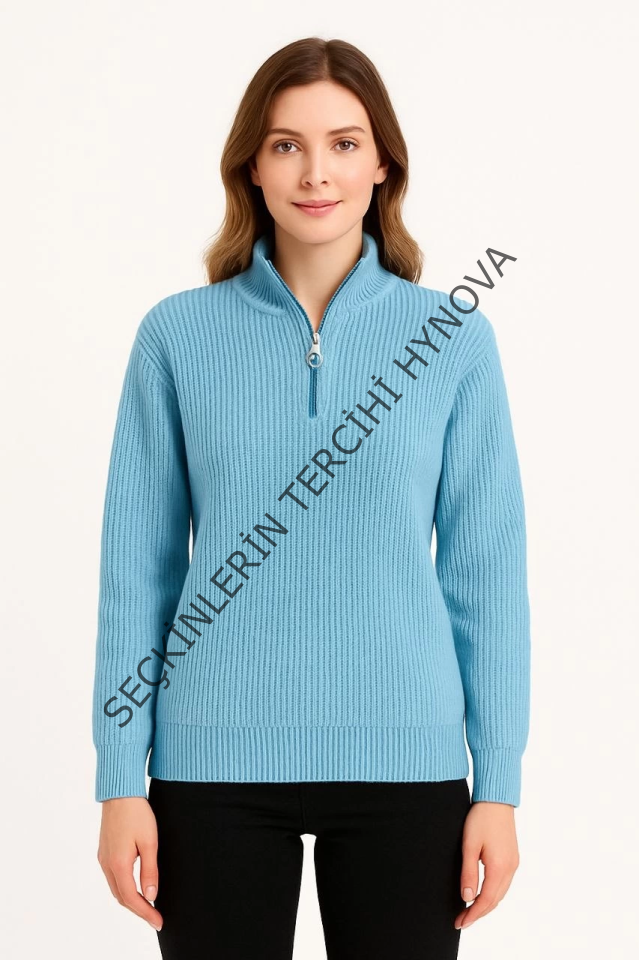 KADIN Yarım Fermuarlı Triko Kazak – Selanik Örgü, Dik Yaka, Pamuklu Dokuma, Oversize Uzun Kollu Kışlık Model - Bebe Mavisi