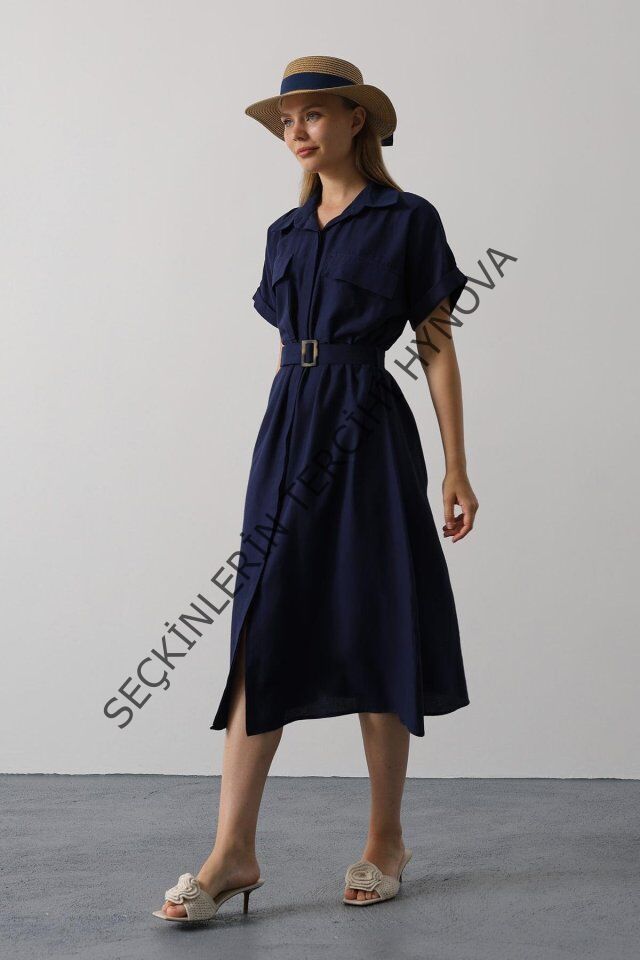 Kuşaklı Cep Detaylı Yarım Kol Elbise - Lacivert