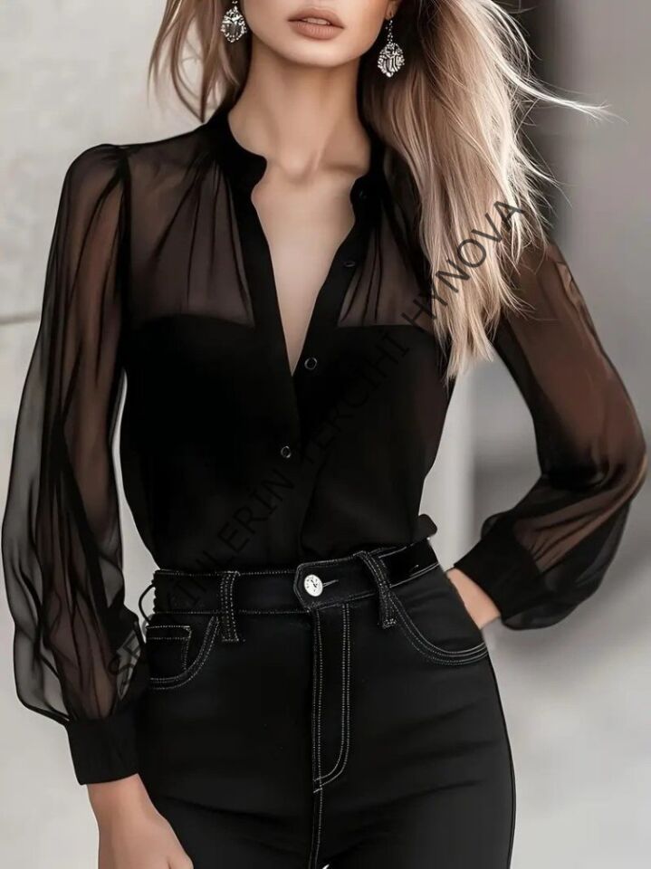 Kadın Uzun Kollu Hakim Yakalı önden Düğmeli Tül Detaylı Trikoton Gömlek