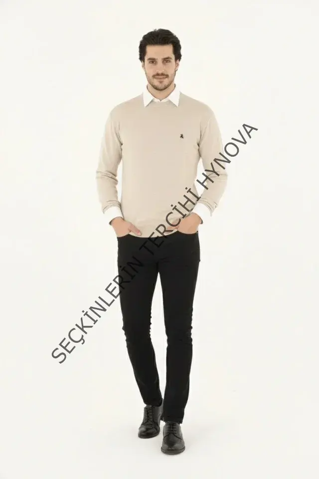 Erkek Bisiklet Yaka Nakış Işlemeli Triko Kazak Yumuşak Dokulu Pamuklu Ince Dokuma, Uzun Kollu Rahat Regular Kalıp - Bej