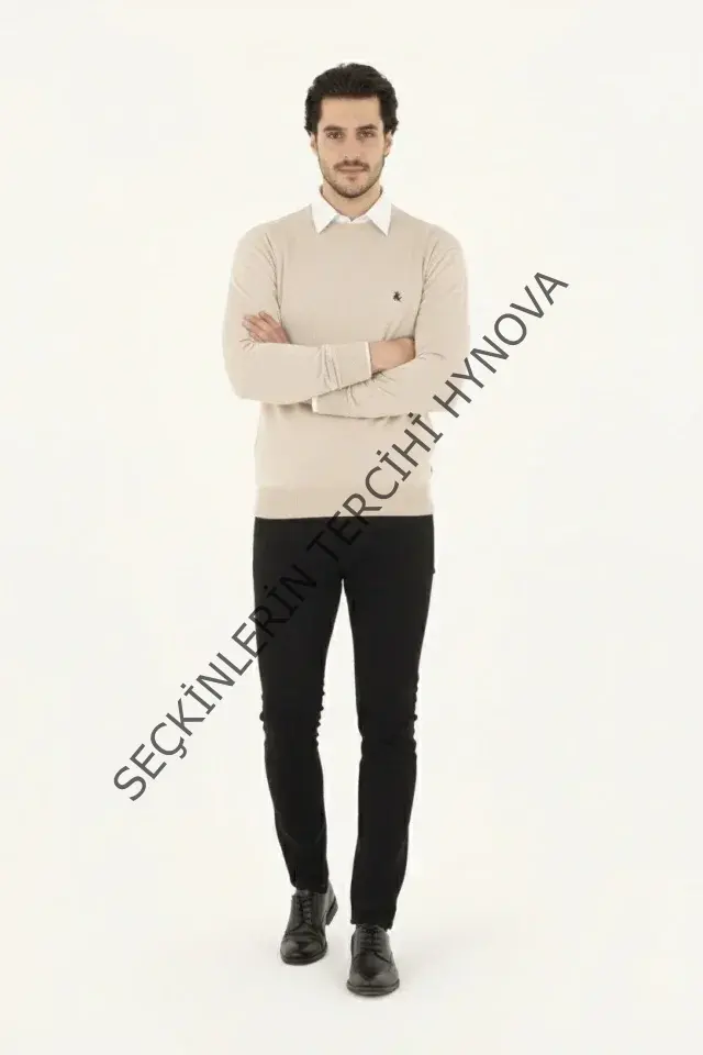 Erkek Bisiklet Yaka Nakış Işlemeli Triko Kazak Yumuşak Dokulu Pamuklu Ince Dokuma, Uzun Kollu Rahat Regular Kalıp - Bej