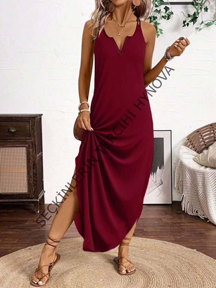 Kadın Askılı Yuvarlak Yaka Asimetrik Detaylı Viskon Elbise