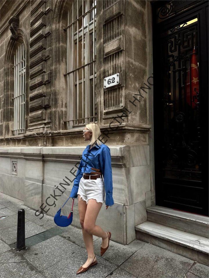 GÖMLEK POPLİN CROP YAN ÇİFT KEMER DETAYLI - Mavi