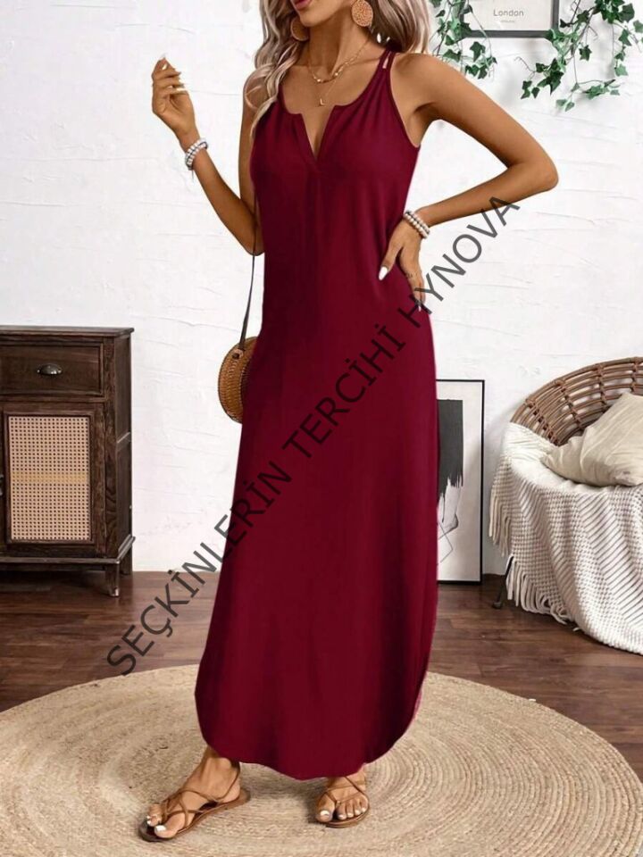 Kadın Askılı Yuvarlak Yaka Asimetrik Detaylı Viskon Elbise