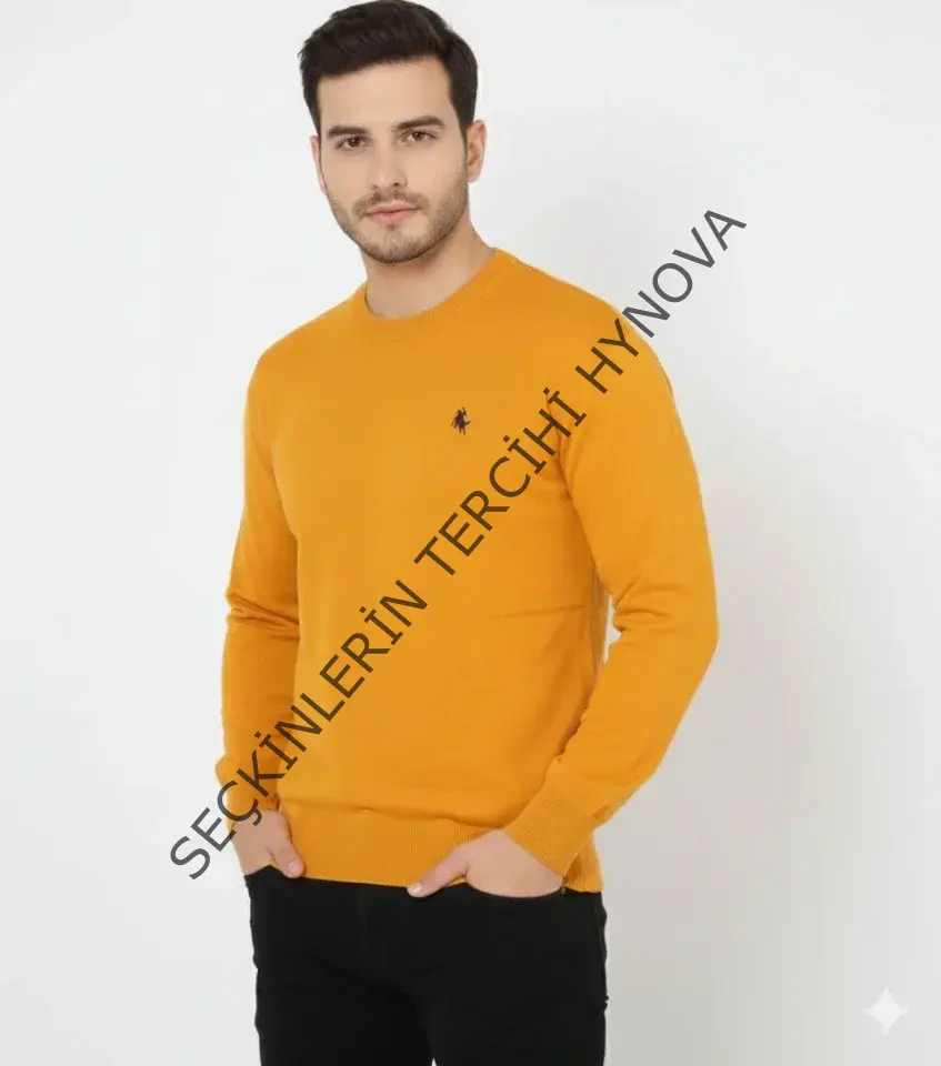 Erkek Bisiklet Yaka Nakış Işlemeli Triko Kazak Yumuşak Dokulu Pamuklu Ince Dokuma, Uzun Kollu Rahat Regular Kalıp - Turuncu