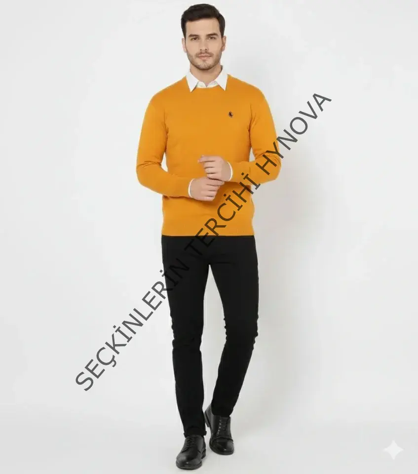 Erkek Bisiklet Yaka Nakış Işlemeli Triko Kazak Yumuşak Dokulu Pamuklu Ince Dokuma, Uzun Kollu Rahat Regular Kalıp - Turuncu