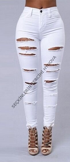 Kadın Yüksek Bel Lazer Yırtık Desenli Kot Pantolon