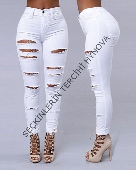 Kadın Yüksek Bel Lazer Yırtık Desenli Kot Pantolon