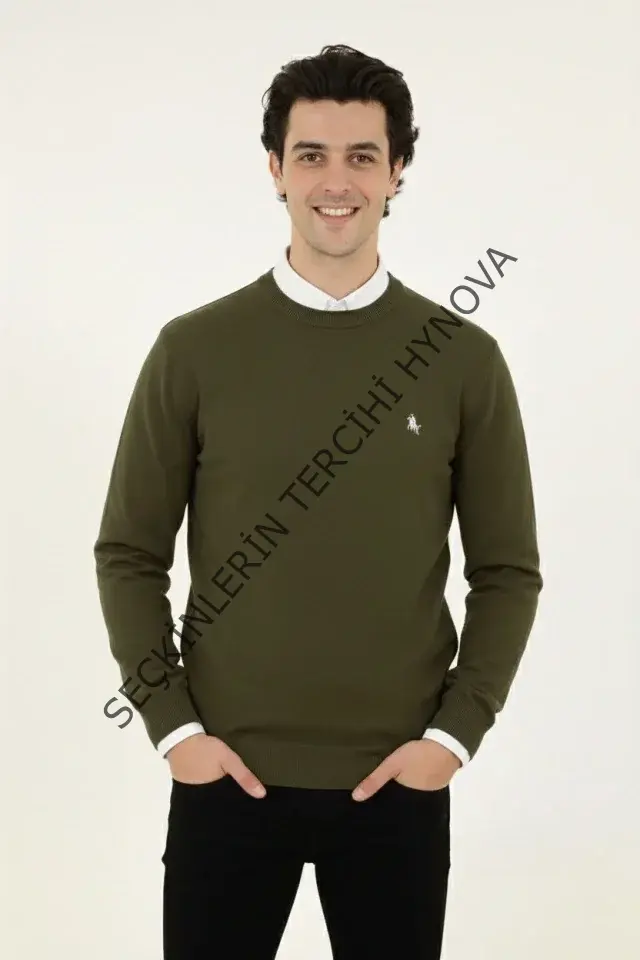 Erkek Bisiklet Yaka Nakış Işlemeli Triko Kazak Yumuşak Dokulu Pamuklu Ince Dokuma, Uzun Kollu Rahat Regular Kalıp - Haki