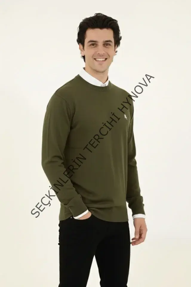 Erkek Bisiklet Yaka Nakış Işlemeli Triko Kazak Yumuşak Dokulu Pamuklu Ince Dokuma, Uzun Kollu Rahat Regular Kalıp - Haki