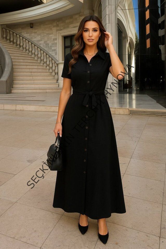 Kadın Kısa Kollu Yakalı önden Düğmeli Beli Kuşaklı Ithal Keten Elbise