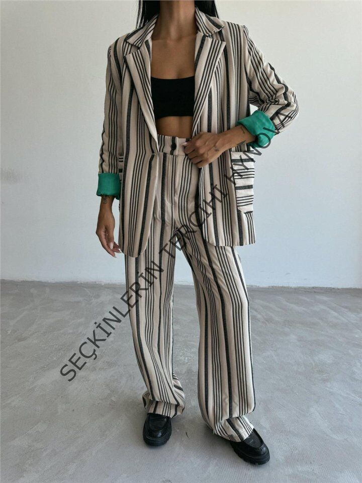 OTTOMAN ÇİZGİLİ CEKET-PANTOLON TK - Bej
