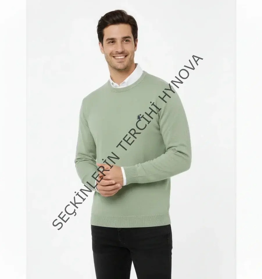 Erkek Bisiklet Yaka Nakış Işlemeli Triko Kazak Yumuşak Dokulu Pamuklu Ince Dokuma, Uzun Kollu Rahat Regular Kalıp - Mint Yeşili