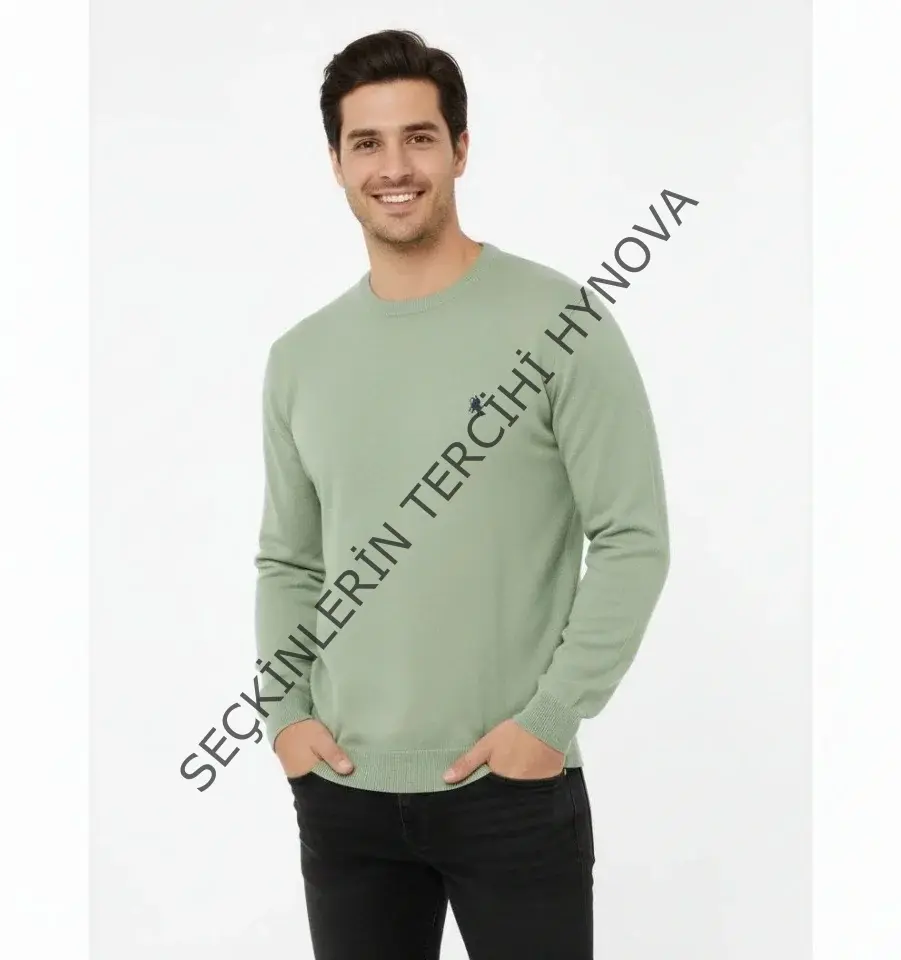 Erkek Bisiklet Yaka Nakış Işlemeli Triko Kazak Yumuşak Dokulu Pamuklu Ince Dokuma, Uzun Kollu Rahat Regular Kalıp - Mint Yeşili
