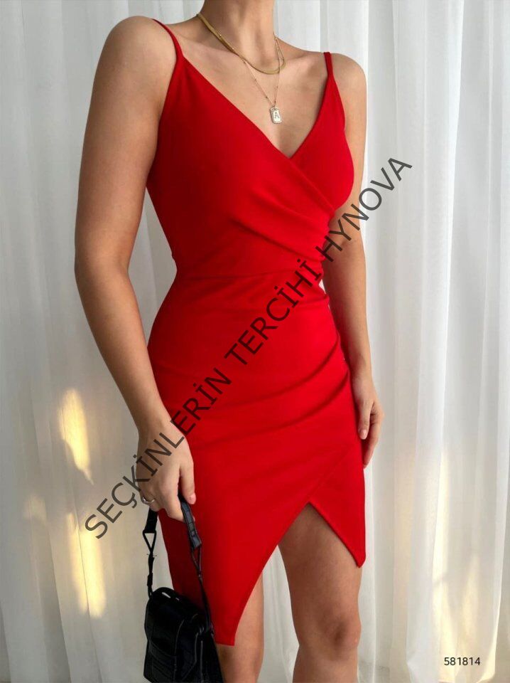 Kadın İp Askılı Yırtmaçlı Büzgülü Elbise