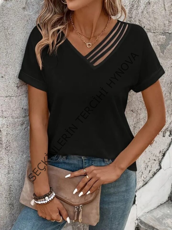 Kadın Kısa Kollu V Yakalı şerit Detaylı Viskon Bluz
