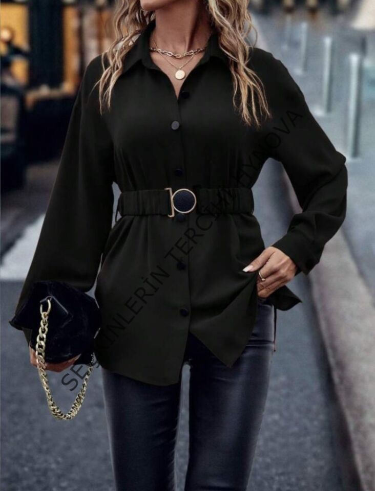 Kadın Uzun Kollu Yakalı önden Düğmeli Belden Kemerli Ithal Krep Bluz