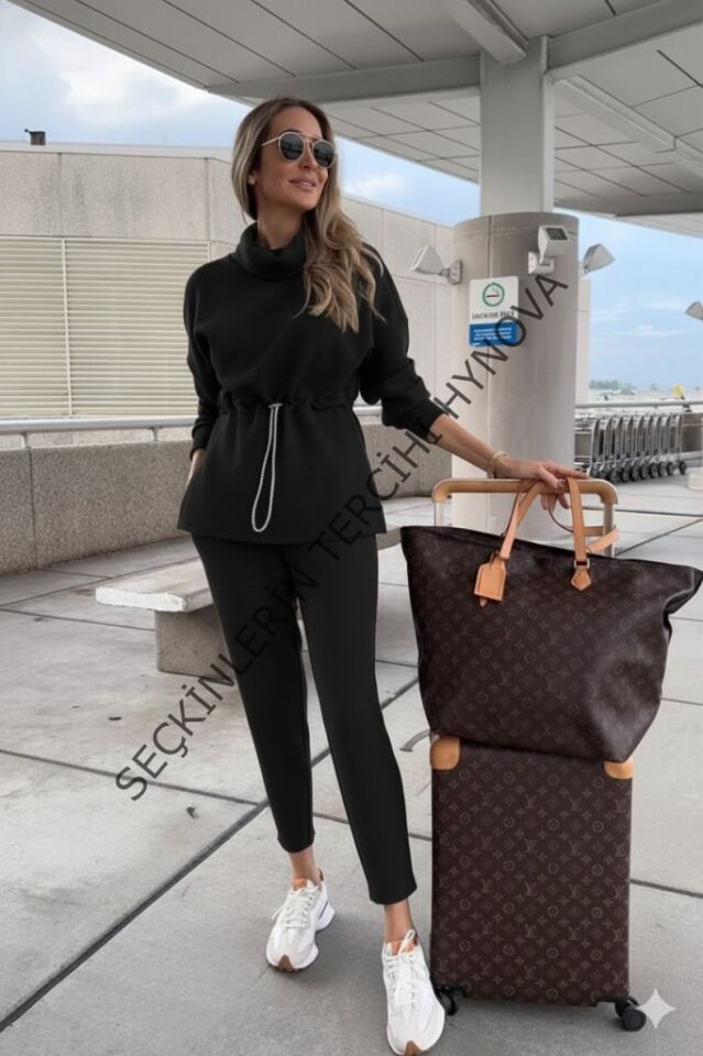 Kadın Uzun Kollu Balıkçı Yaka Belden Lastikli Modal Bluz Ve Pantolon Ikili Takım