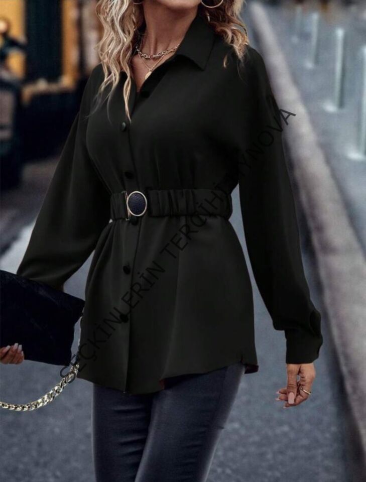 Kadın Uzun Kollu Yakalı önden Düğmeli Belden Kemerli Ithal Krep Bluz