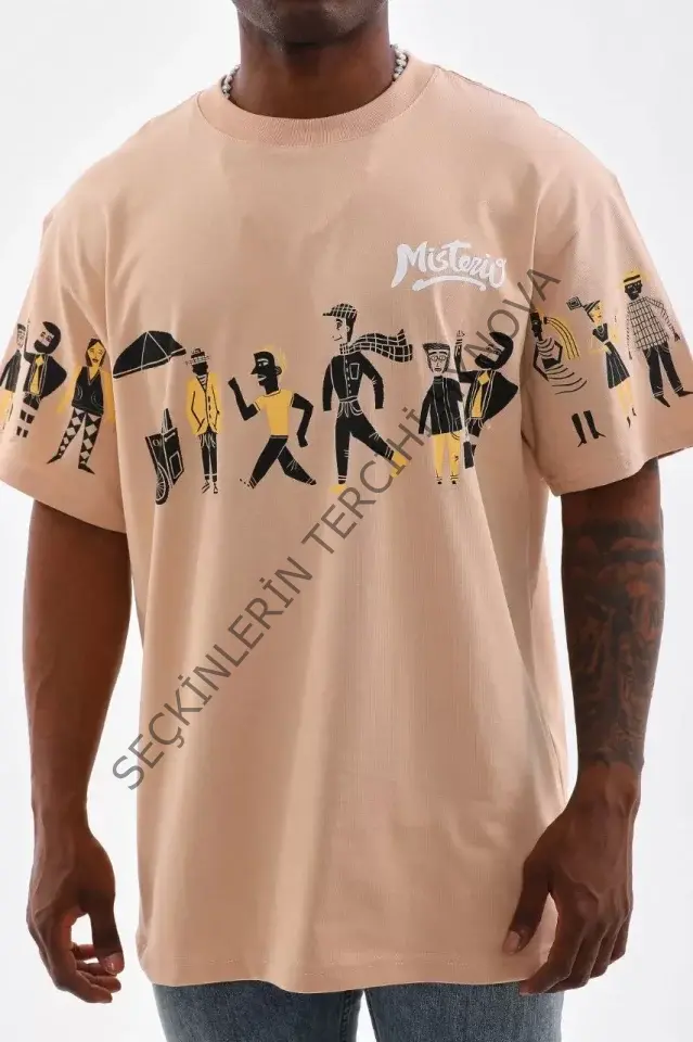 Unisex Bisiklet Yaka Baskılı Oversize T-Shirt - Bej