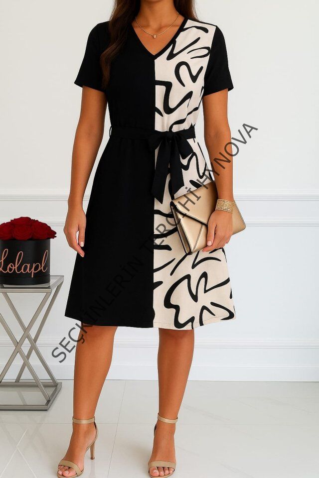 Kadın Kısa Kollu V Yakalı çift Renkli Desenli Beli Kuşaklı Atlas Elbise